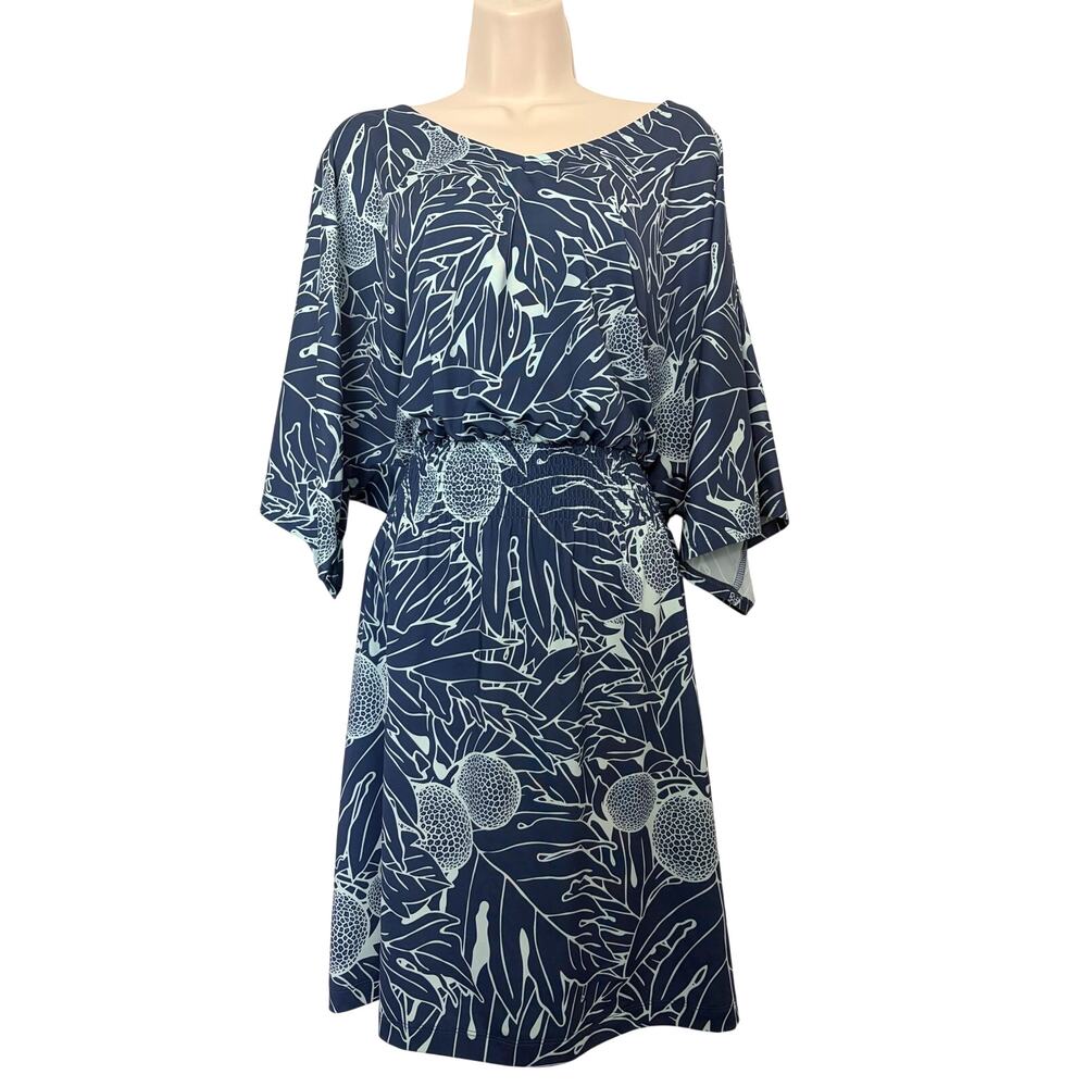 Manaola Hawaiian Ulu Print Navy Blue Size 3XL Elastic Waist V-neck